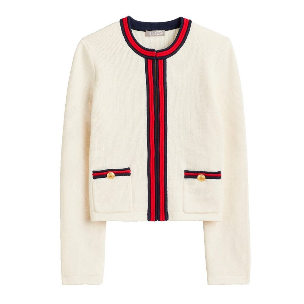 NWT J.Crew Emilie Sweater Lady Jacket in Ivory Red Navy Contrast Trim Cardigan L